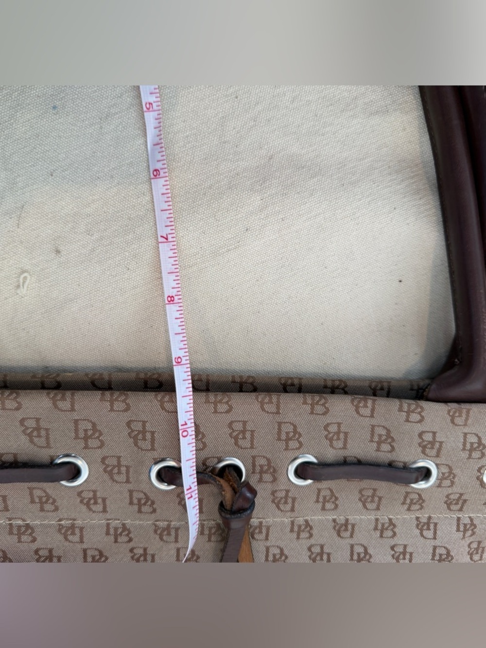 Dooney & Bourke Beige Monogram Tote with Brown Leather Handles - Picture 11 of 13